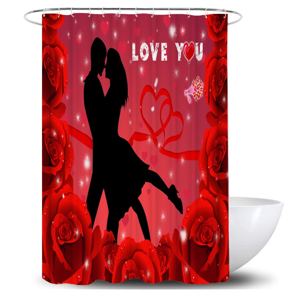 Rose lover badrumsgardin vattentät tyg duschdraperi 3d toalettöverdrag matta halkfri matta set alla hjärtans dag dekoration: F duschdraperi