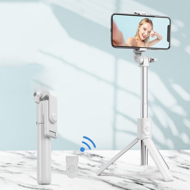 Wireless bluetooth selfie stick foldable mini tripod with fill light shutter remote control for IOS Android Smart phone: R1-White