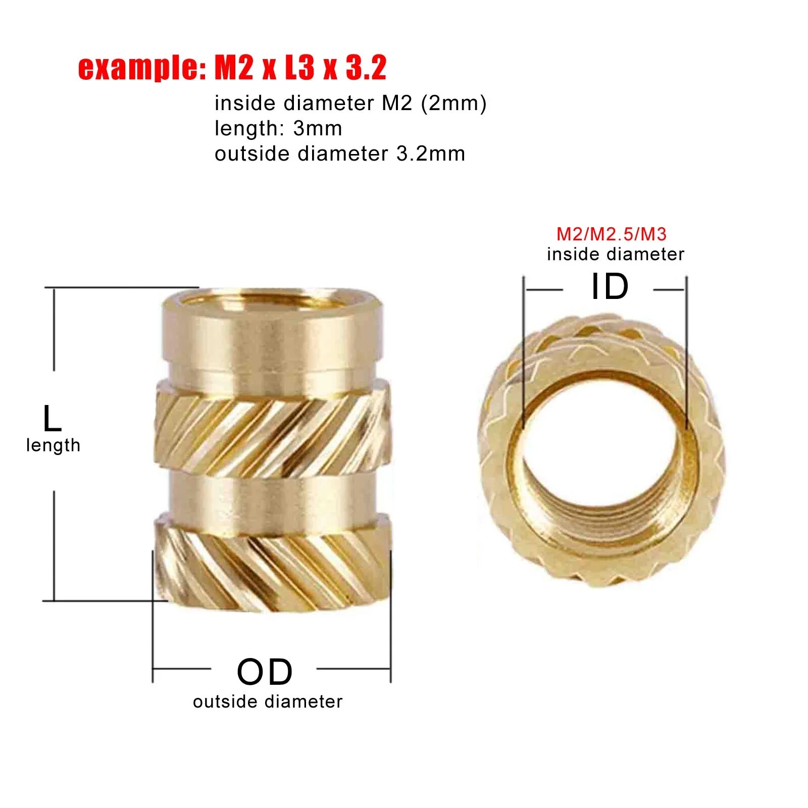 50/100pcs M1.6 M2 M2.5 M3 M4 Solid Brass Copper Embed Insert Nut for Melt Heat Injection Molding Double Twill Knurled Thread