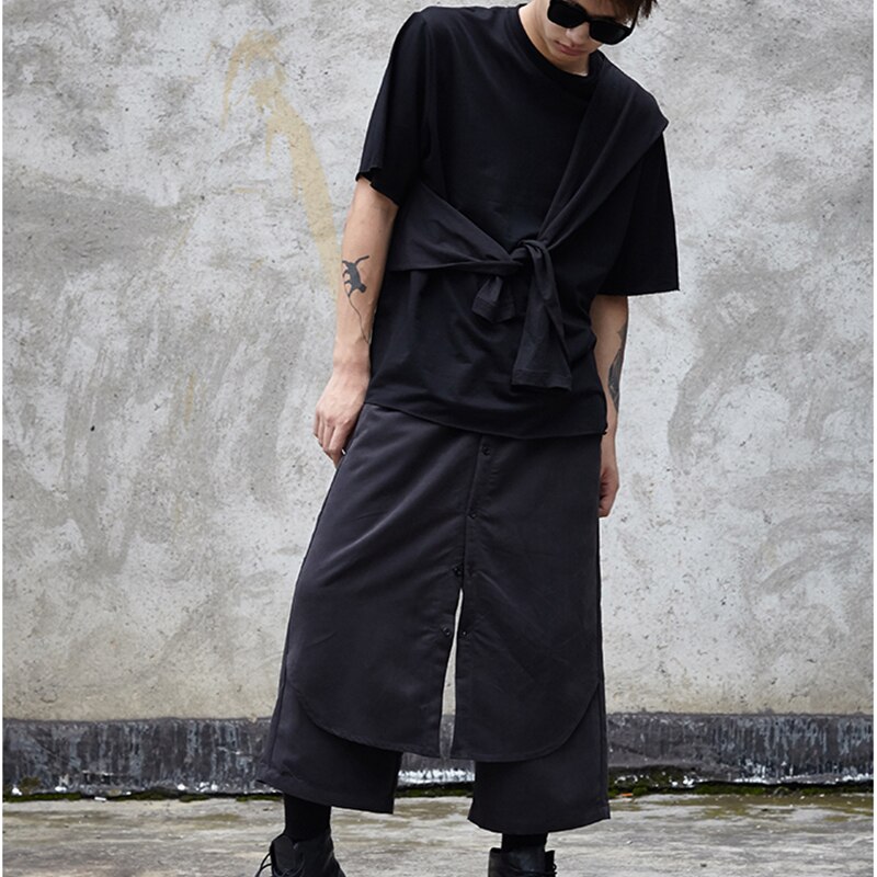 Men's pants summer wide-leg pants slacks men's faux two-piece shorts culottes Black hip-hop Gothic punk Yamamoto style