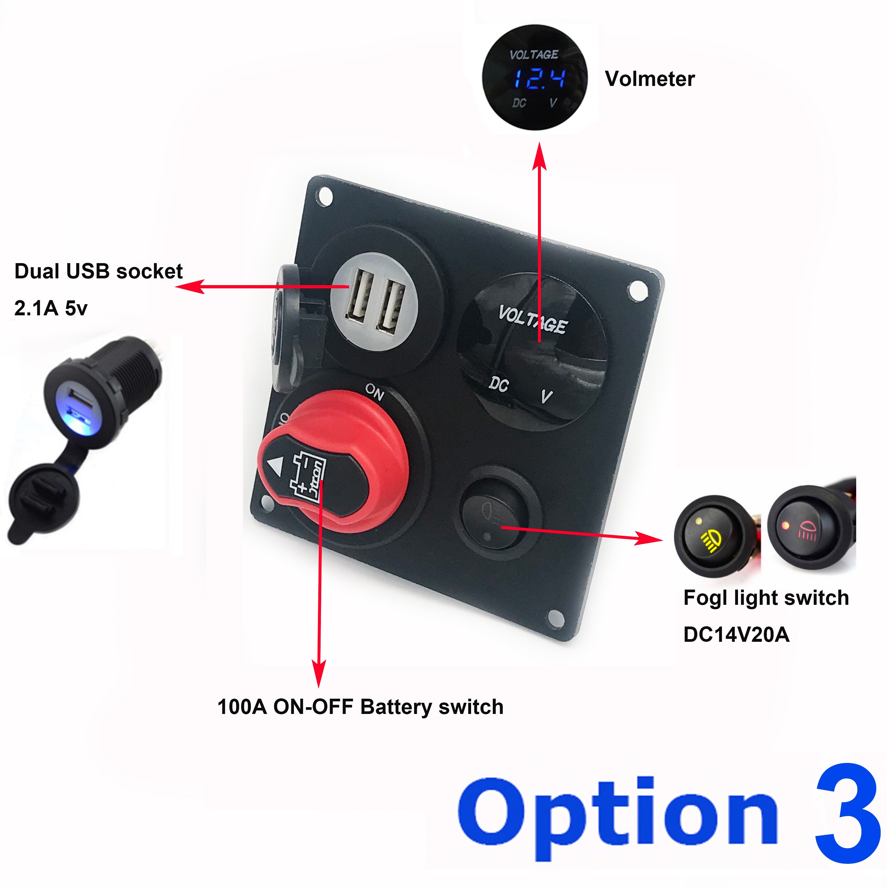 Jtron voiture interrupteur panneau DC12-24V universel batterie commutateur 100A double USB chargeur de voiture volmètre commutateur panneau pour voiture bateau RV truch: option 3