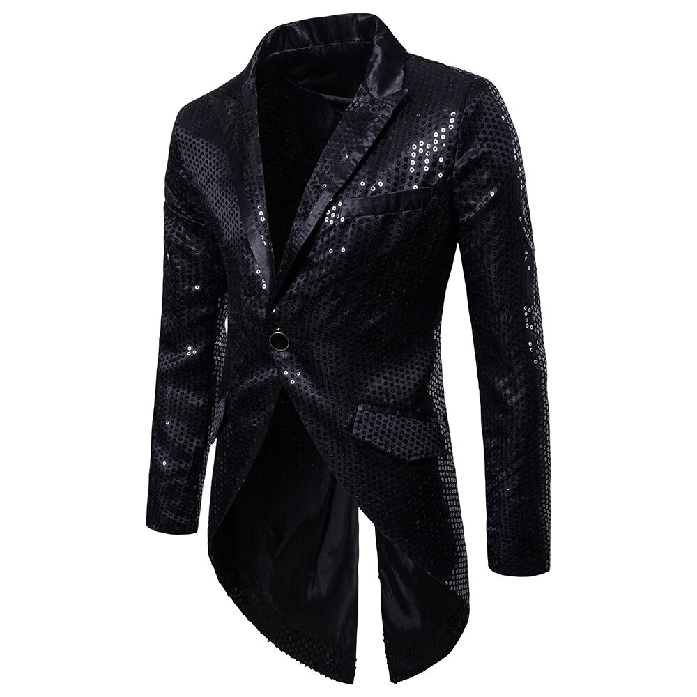 Herr slim fit formella paljetter smoking swallowtail jacka med en knapp kostym outfit kostym kavaj rock jacka toppar 4 färger: Svart / Xl