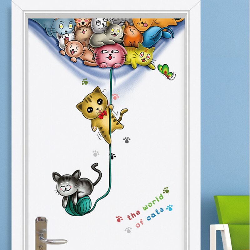 Mooie Cartoon Katten Deur Decor Art Muurstickers Lijn Bal Kat Home Decor Voor Kinderkamer Leuke Dieren Pvc Vinyl muurstickers