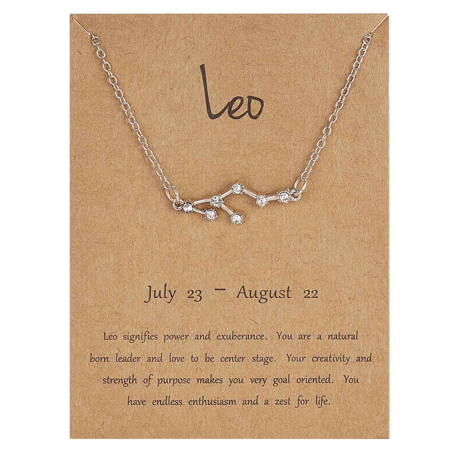 Rinhoo 12 Constellation Necklace Zodiac Sign necklace with Card Pendant Necklace charm Message Card Birthday for Women Girl: silver Leo