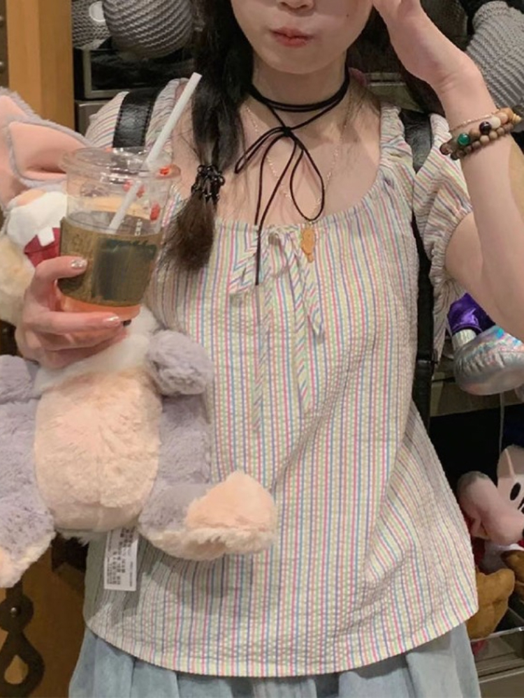 Regenbogen Sommer süße Oberbekleidung Frauen Hemden Gebühr lässig y2k ästhetische Schleife Blusen kawaii japanische süße gestreifte Blusas Feminina: S