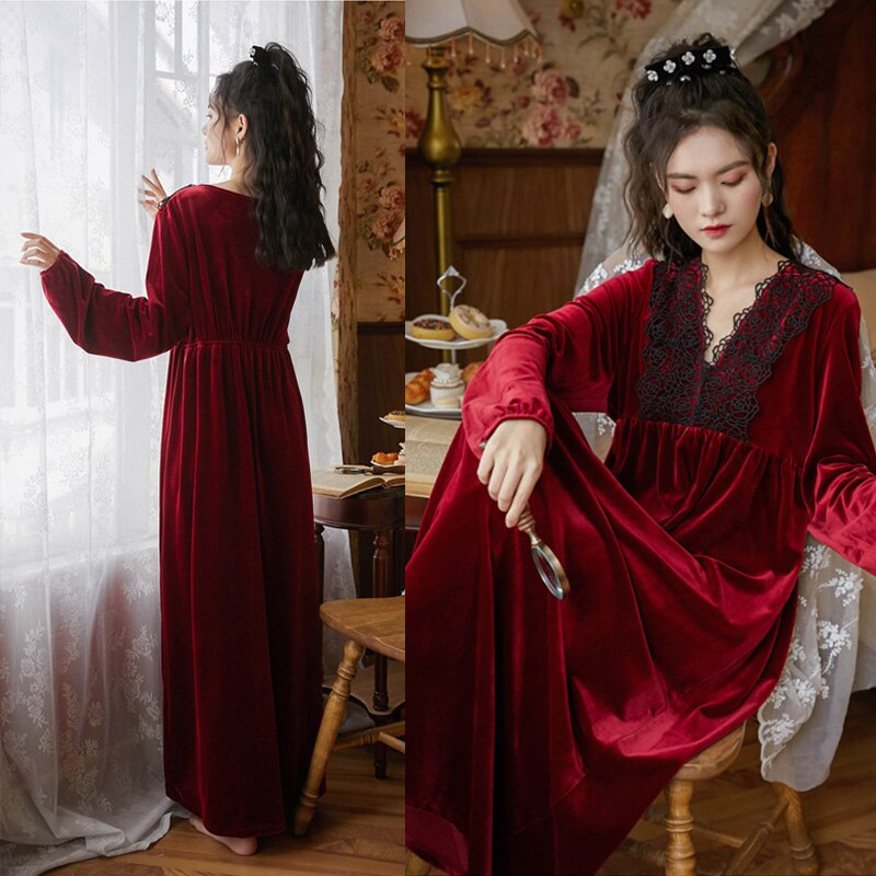 Vestido de noche de terciopelo para mujer, ropa de dormir larga, Peignoir victoriano, bata de pijama, camisón Vintage romántico, ropa de habitación