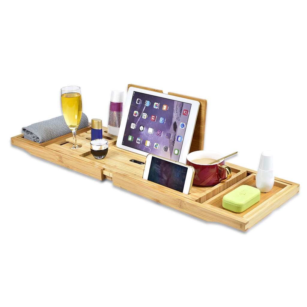 Expandable Wooden Bath Caddy Tray Wooden Tub Tray Wine Glass Holder Wooden Bathtub Bridge Shelf Organizer Tray