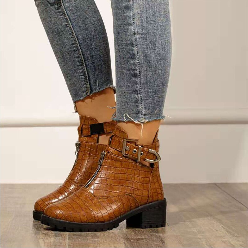 Woman Platform Boots Ladies Motorcycle Cowboy Boots Women PU Leather High Heels Short Booties Ankle Botas Zipper Shoes