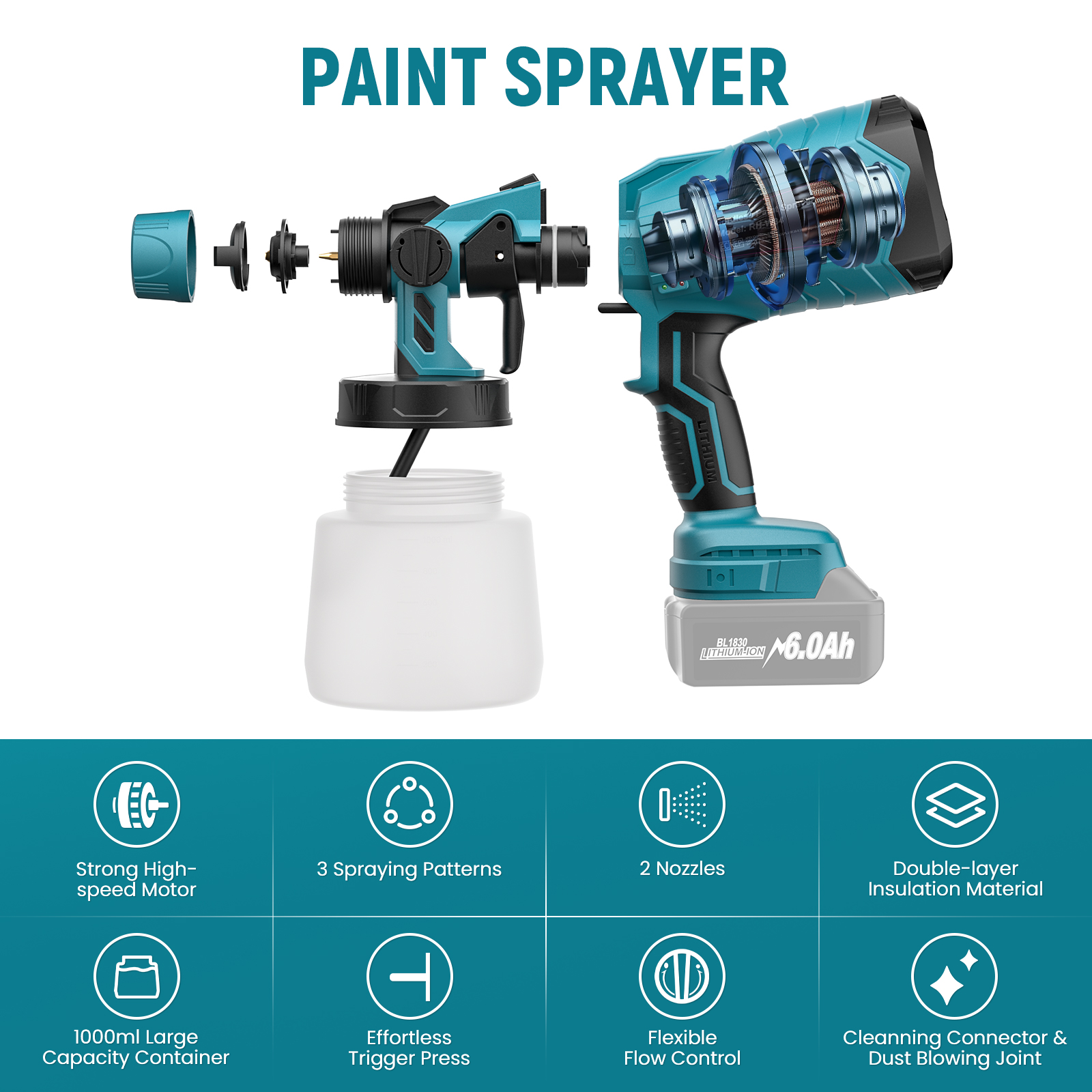Elektrisk sprøytepistol for makita  bl1830, 18v batterier, 1l trådløse, bærbare sprøytepistoler, sett med bilmøbler, sprøyteverktøy for maling
