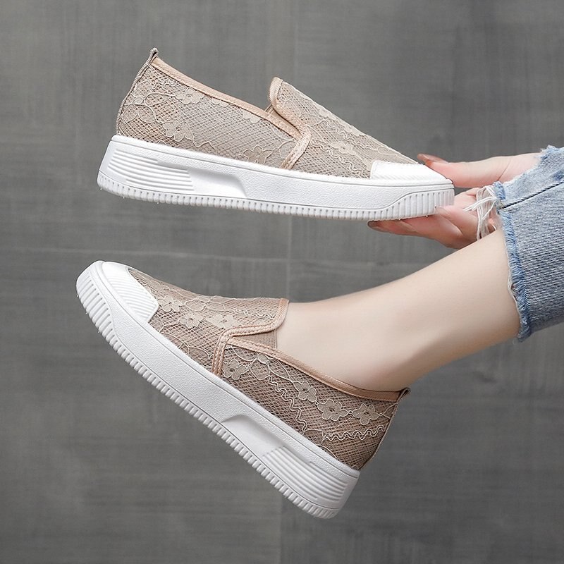 Respirant Polka Lace mocassins femme sans lacet mocassins peu profonds chaussures femmes patchwork bout rond maille espadrilles plat
