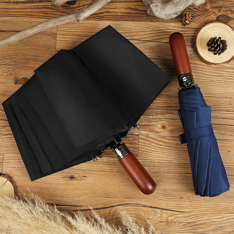 Ombrello pieghevole doppio automatico manico in legno femmina maschio ombrelli da uomo di grandi dimensioni ombrello da pioggia per donna