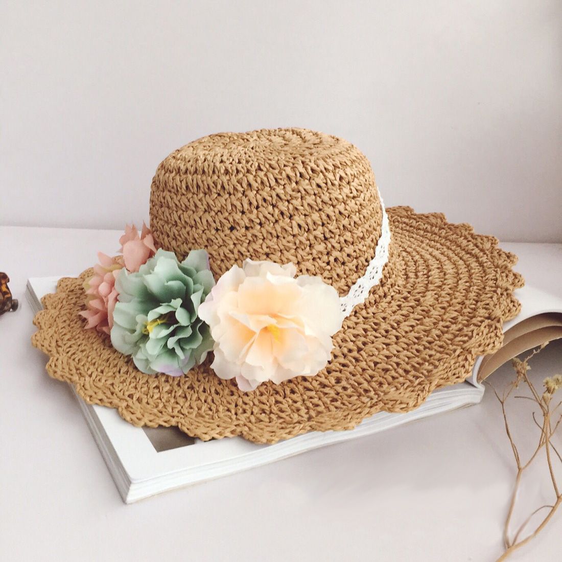 Summer KTFGS Floral Straw Hats Fedora Hat Children Visor Beach Sun Hat Wide Brim Floppy Beach Sun Visor Hat with Flowers, Khaki