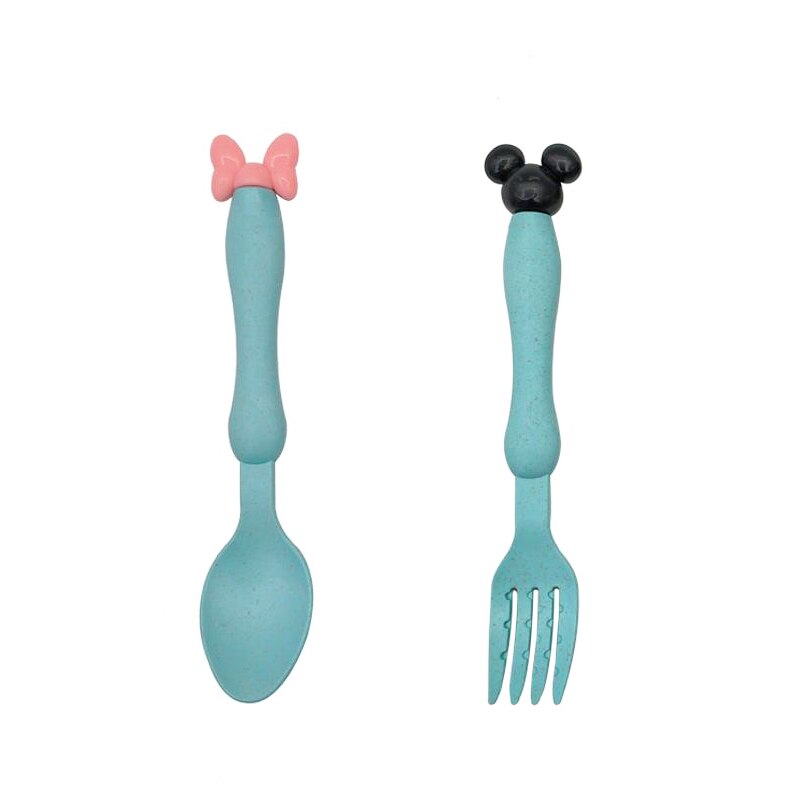 2pcs Baby Feeding Tableware Set Eco-Friendly Wheat Straw Infant Plate Children Dish Dinnerware Kids Anti Training Bowl+Spoon: Blue SpoonFork