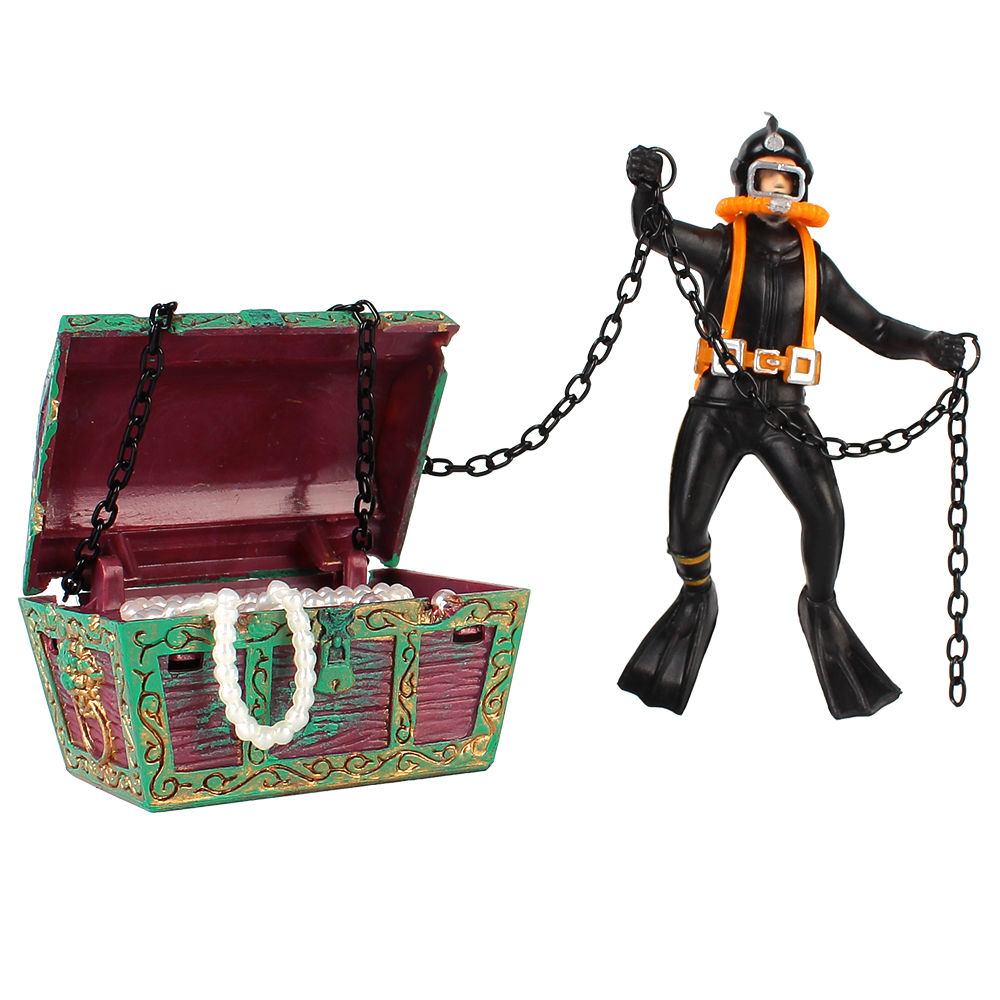 Adorno de pecera Cazador de tesoros, cofre del Tesoro, accesorios de decoración de Acuario, figura de acción de buceador, decoraciones de pecera: Negro