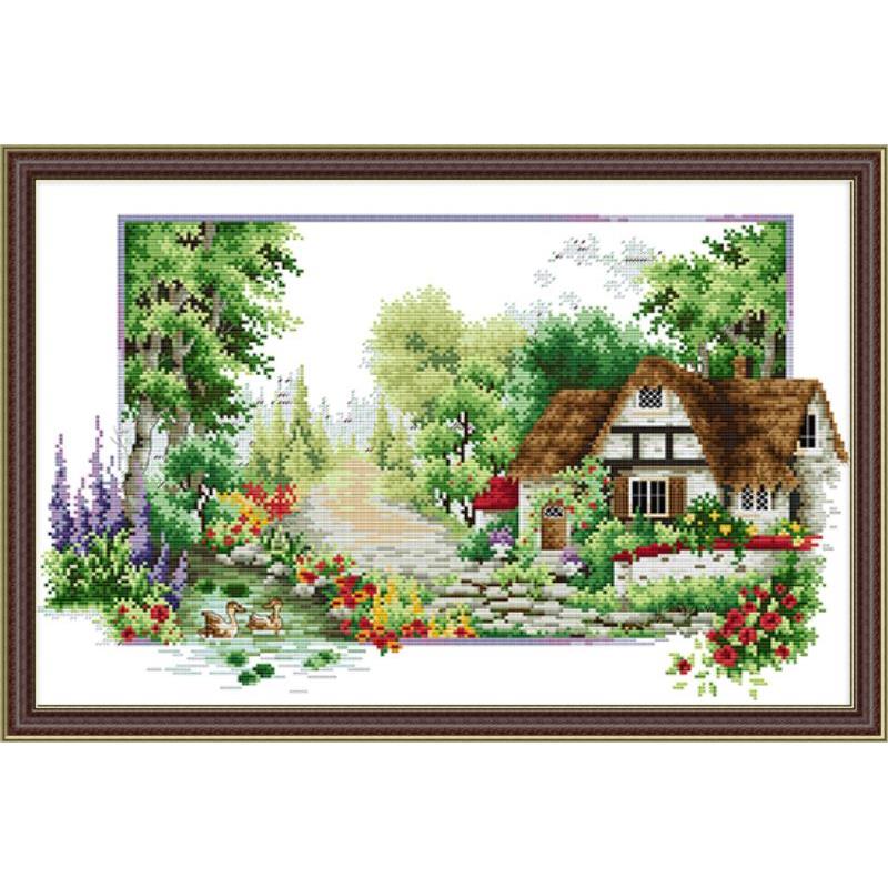 Kit de broderie DMC en toile, couture chinoise, bricolage fait à la main, 14ct 11ct, vue chalet, printemps été automne et hiver