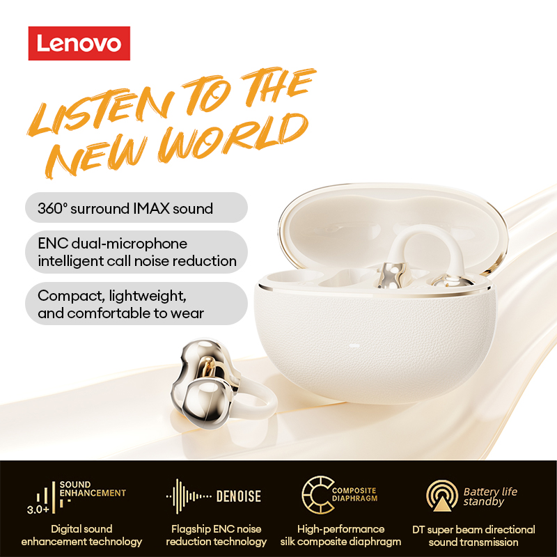 Lenovo  rs123 trådlösa hörlurar med öronklämma, bluetooth 6.0 komforthörlurar med klämma , 0.06s spelhörlurar med låg latens, 30h speltid