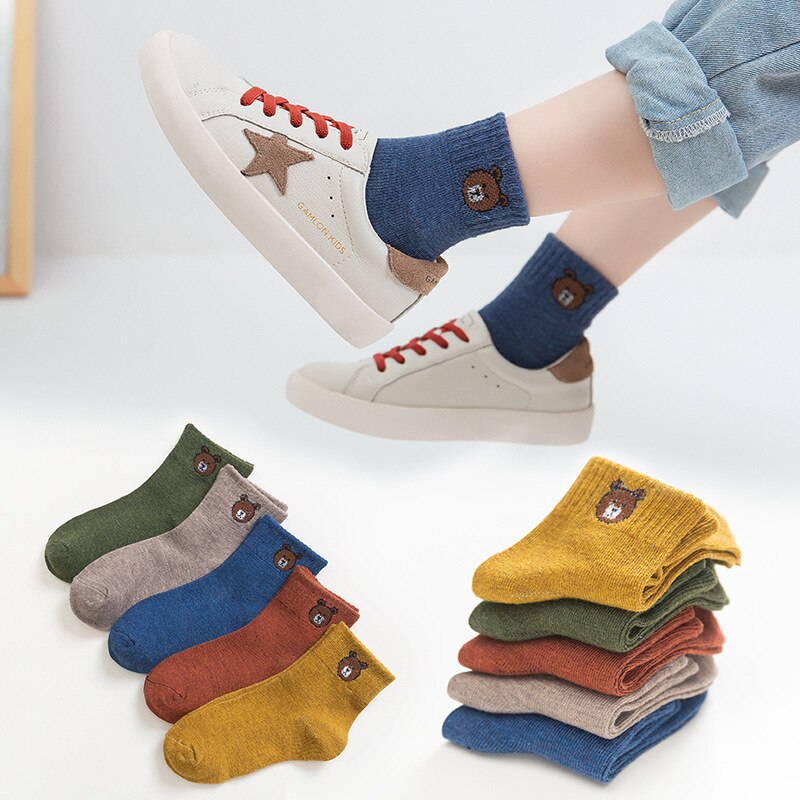 Chaussettes antidérapantes en coton pour enfants, 5 paires/lot, pour garçons et filles, automne et hiver, motif ours de dessin animé, qui gardent la chaleur au sol, 2022: 01 / L 9-12years