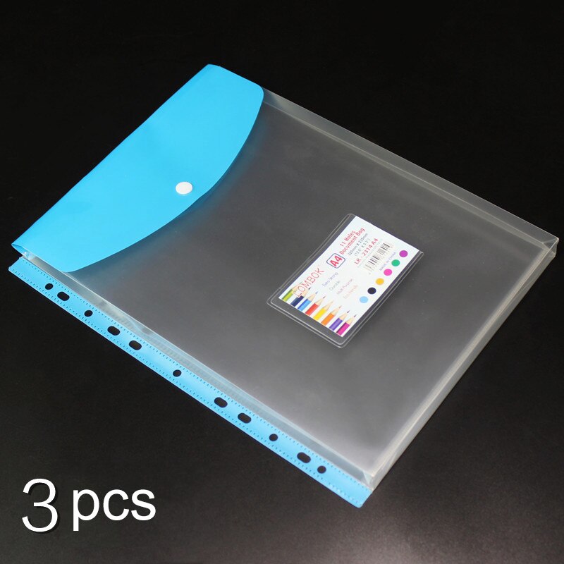 Bolsa de documentos transparente A4 de 3 piezas, carpetas de archivos de hojas sueltas de 11 agujeros, bolsa de información gruesa de película protectora a presión de gran capacidad: A blue
