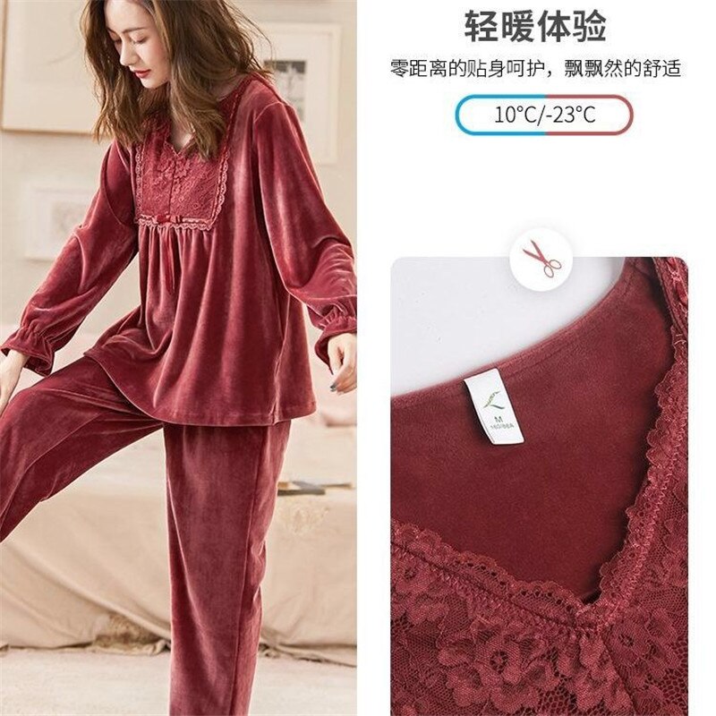 2 Piece Winter Flannel Pajamas Set For Women Long Sleeve Lace Women's Sleepwear Female Homewear