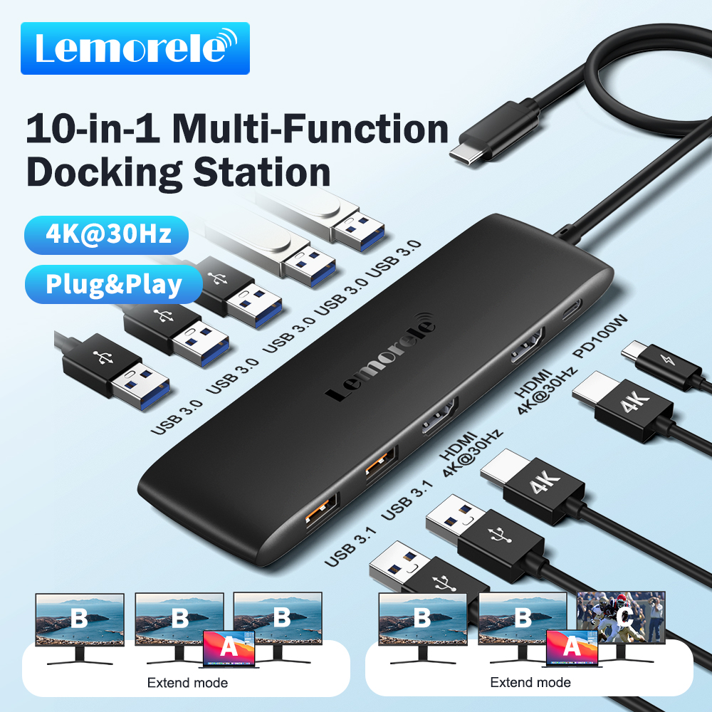 Lemorele 4K USB Hub USB C Stacja dokująca typu C do Dual HDMI dla Macbook iPad Pro Air M2 M1 Sumsang PC Akcesoria USB 3.1 HUB