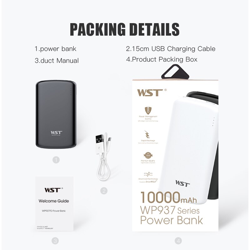 WST-Batería Externa de carga rápida, cargador tipo C PD, 10000mAh, para iPhone, Xiaomi y Samsung