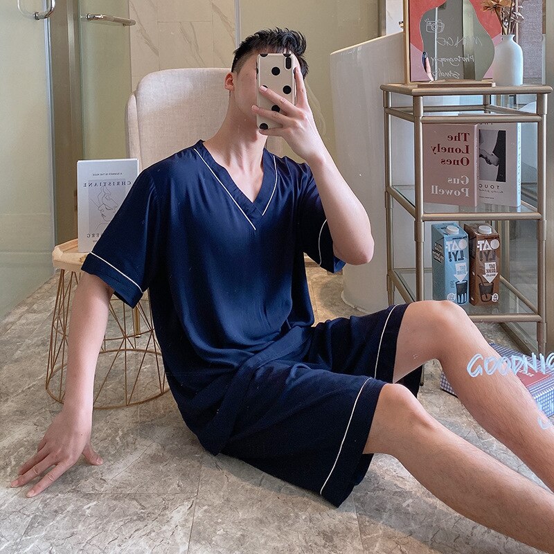 Pyjama en coton à manches courtes pour homme, ensemble léger et doux, chemise et pantalon, idéal pour le salon, tailles XL, XXL et XXXL