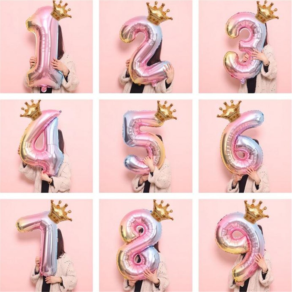 Large 32inch Helium Air Digit Figure Big Crown Number Foil Balloon Birthday Party Decorations Kids Fast