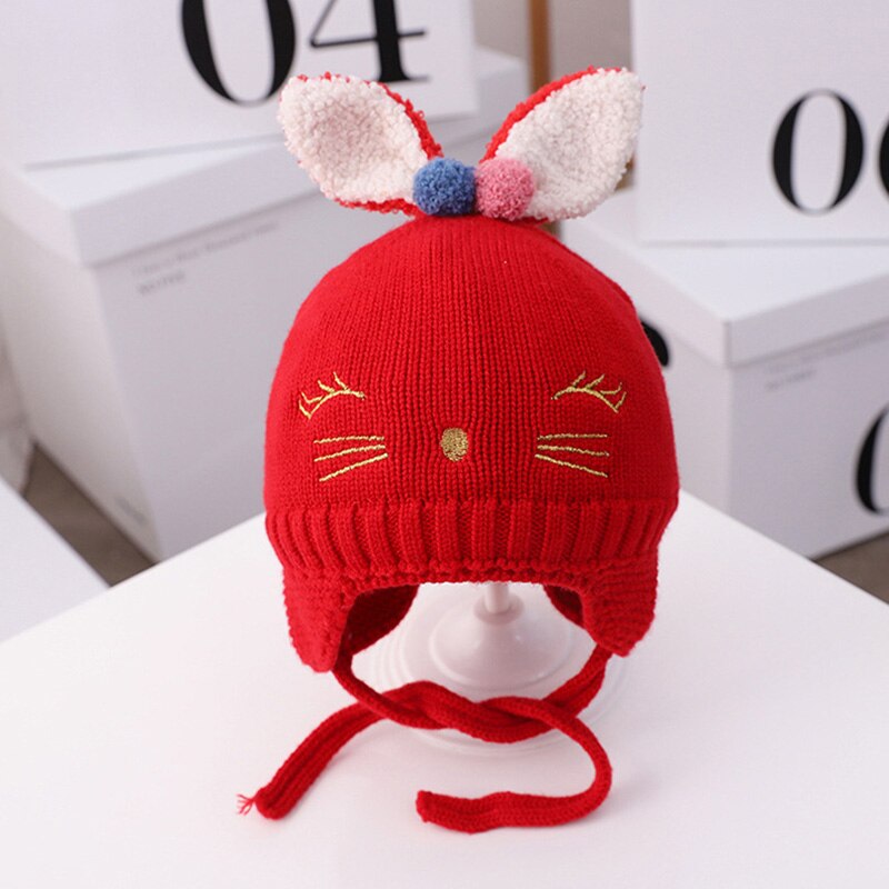 Schattige muts met konijnenoren voor babymeisjes, jongensaccessoires, warme gehoorbescherming, kindermuts, muts met pompon, gebreide wintermuts voor kinderen: Rood