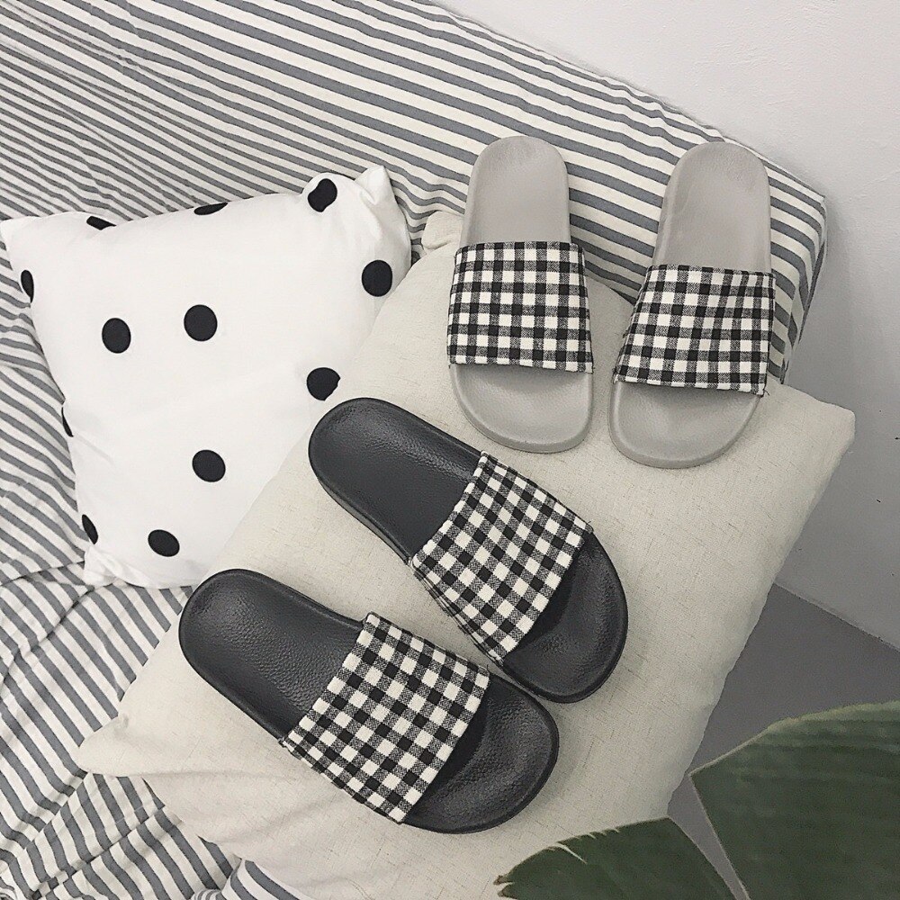 Slippers Women Summer Cotton Fabric Checkered Shoes Slip On Flat Sandals Slides Sandalias m555