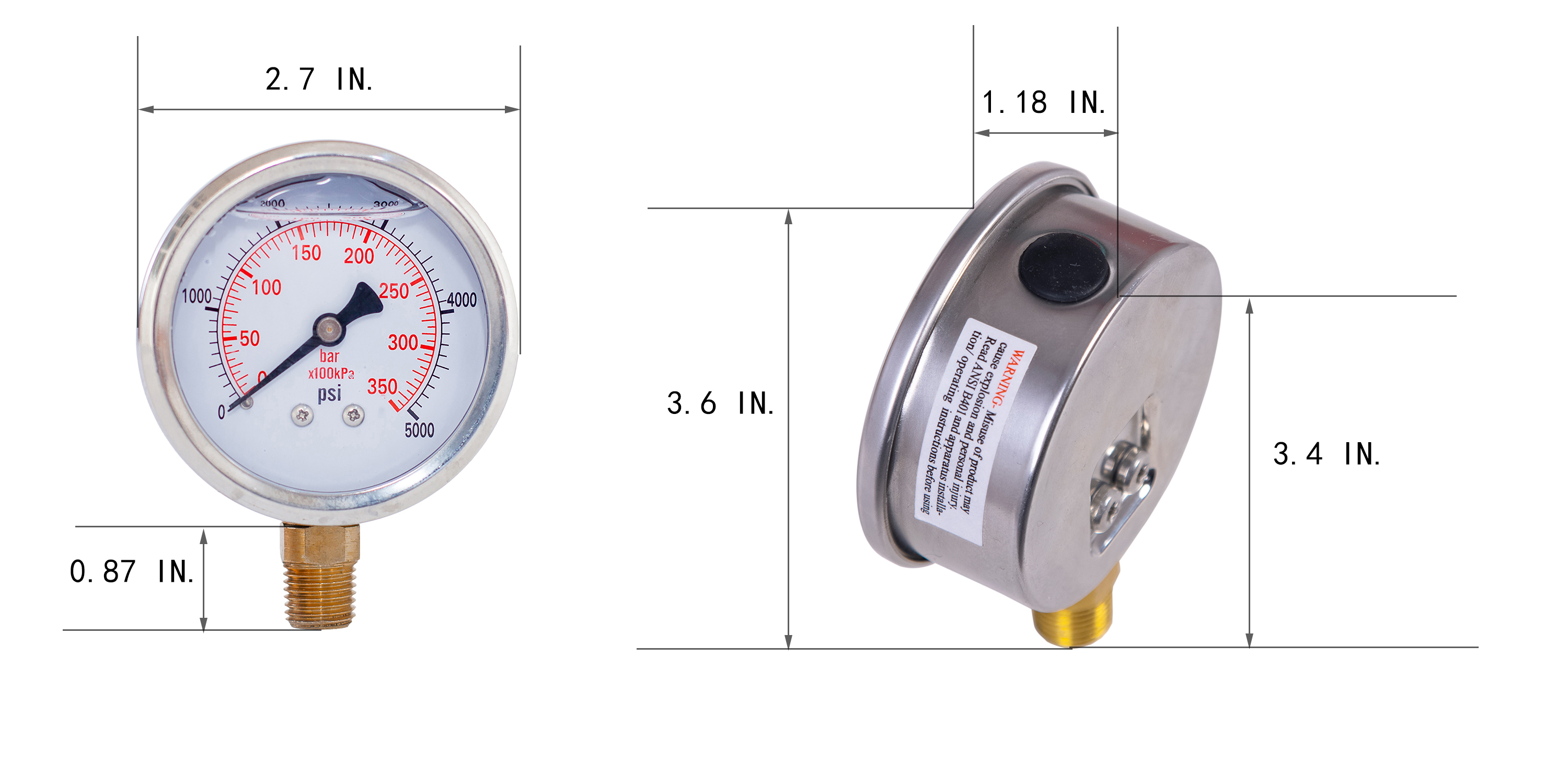 Glycerine Filled Pressure Gauge 2.5 Inch 1/4 NPT Lower Mount 15,30, 60,100,160, 200, 300, 400,600,2000,3000,5000,10000 Psi & Bar