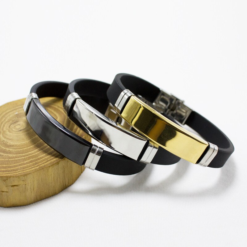 Mode Zwart/Goud/Zilver Kleur Rvs Siliconen Geometrische Armband Armband Rubber Heren Armband