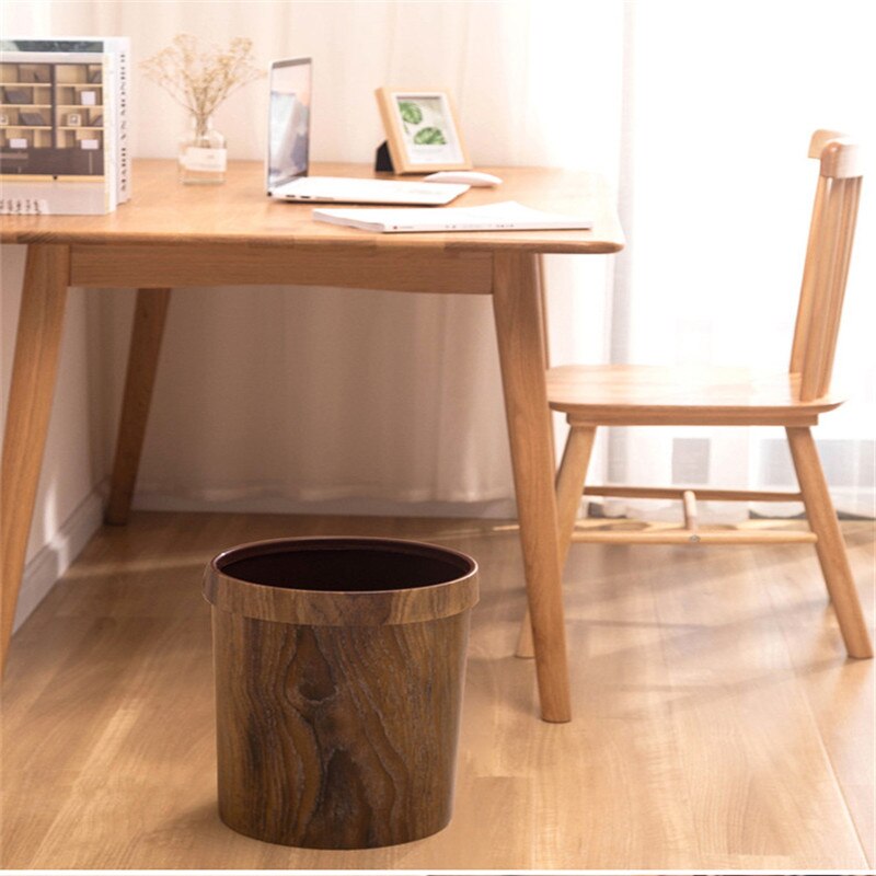 Pressing Ring Plastic Trash Can Mimetic Wood Grain Garbage Bin Waste Basket Wastebin Dustbin Ashbin Household Cleaning Tools