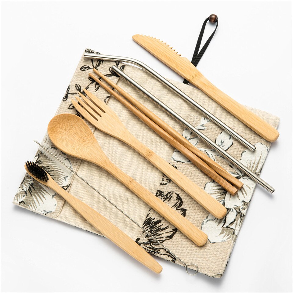 Draagbare Bestek Set Lepel/Vork/Mes/Eetstokjes Kit Stro Tandenborstel met Bestek Zak Picknick Outdoor bestek Set