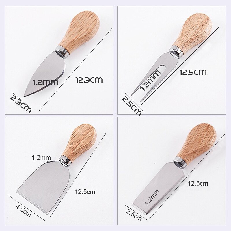 4pcs/set Stainless Steel Cheese Cutter Set Wooden Handle Cheese Knife Shovel Fork Set Slicer Kit Kitchen Cooking Baking Tools