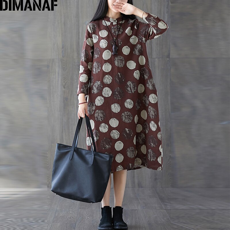 DIMANAF grande taille femmes robe Vintage à manches longues imprimé point femme Vestidos coton tenue décontractée en vrac automne vêtements