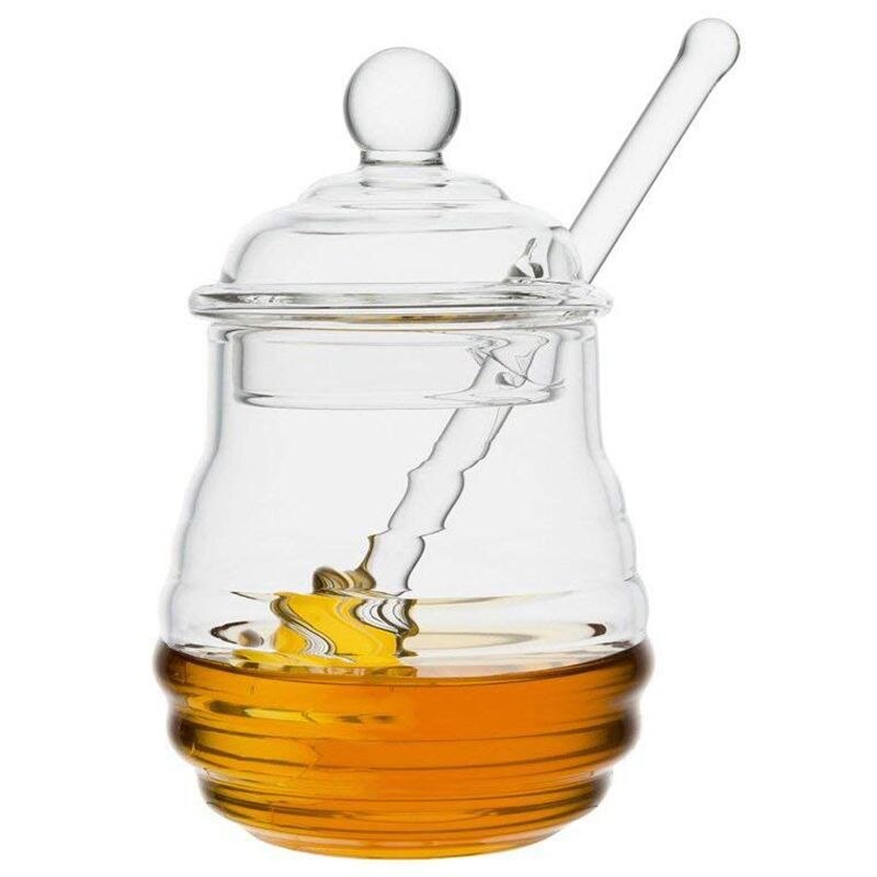 Nieuwste transparante glazen honingpot met deksel honingpot met lepel, helder , 9 ounces