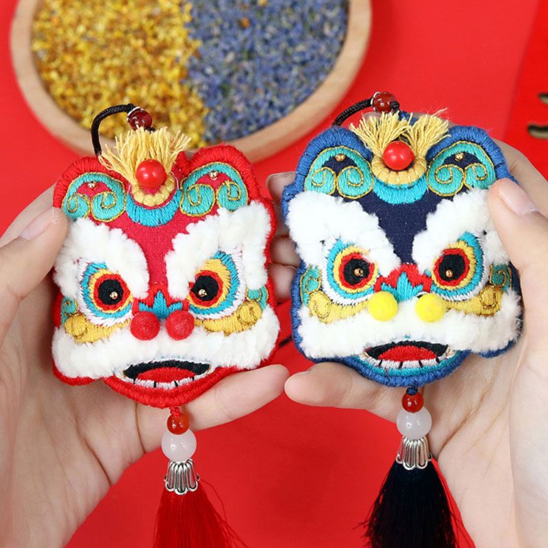 Chinese Lucky Fortune Lion DIY Embroidery Hoop Kit Handmade Sachet Material Bag
