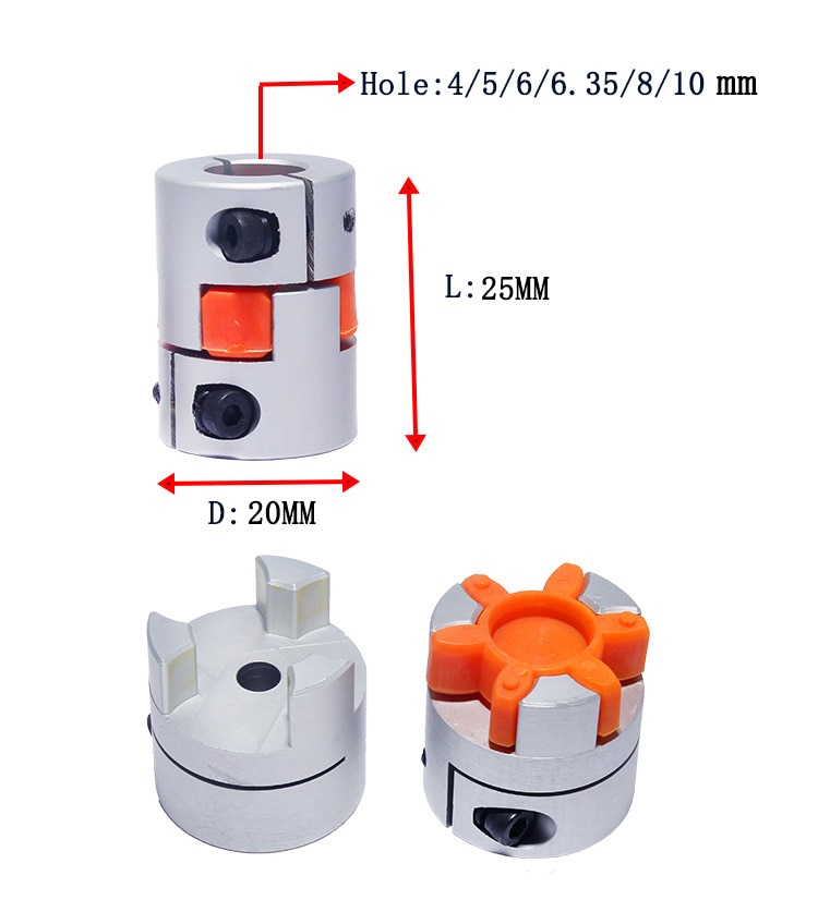 Cnc motor kjeve aksel koblinger fleksibel edderkopp plomme aksel kobling  d20 l25 4mm 5mm 6mm 6.35mm 8mm 9mm 10mm elastisk kobling