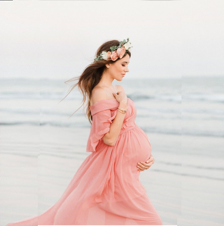 Barsel fra skulder chiffon kjole maxi lang fotografering kjole gravid tøj strand kjole fancy graviditet foto rekvisitter skyde