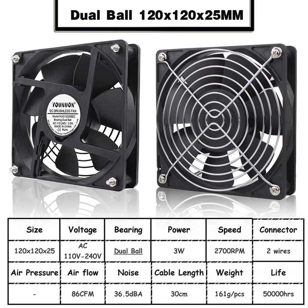 1Pcs Ec Brushlee Fan 6025/8025/9225/12025/12038/12032 Ac 110V 115V 120V 220V 240V Cooling Cooler Fan: EC 12025 Dual Ball