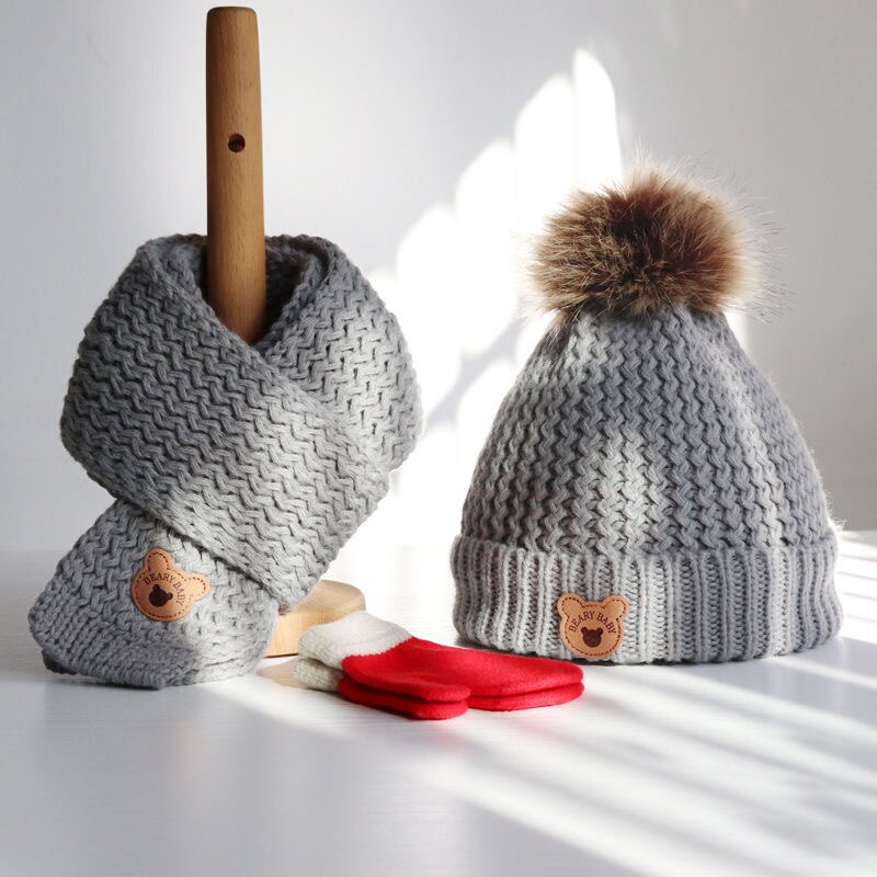 Baby hat/Scarf Autumn/Winter boy/girl hat lovely knitted wool warm hat/baby scarf set: Gray / 4-12years