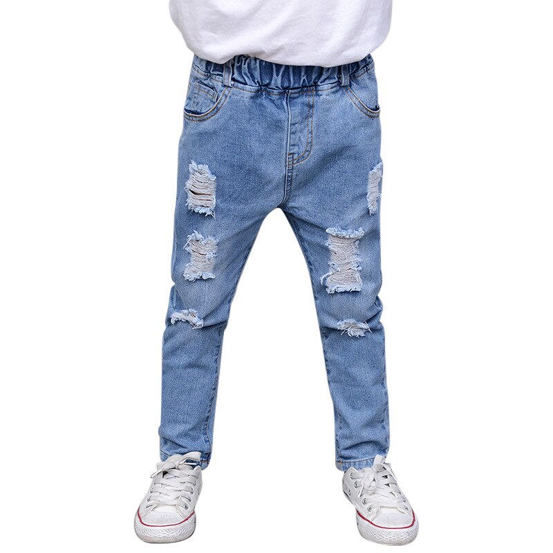 Casual Jongens Jeans Solid Elastische Taille Lange Kinderen Broek Mode Losse Gaten Jongens Denim Broek Voor 6 8 10 12 Jaar Kinderen