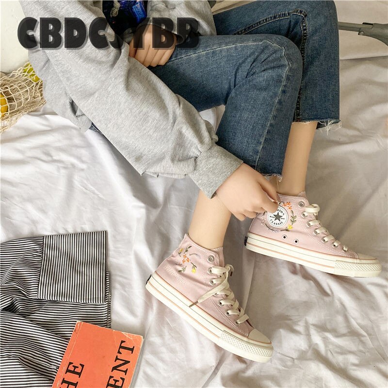 Spring Women Embroidery High Top Canvas Shoes Flat Casual Custom Sneakers skateboarding shoes Student Shoes
