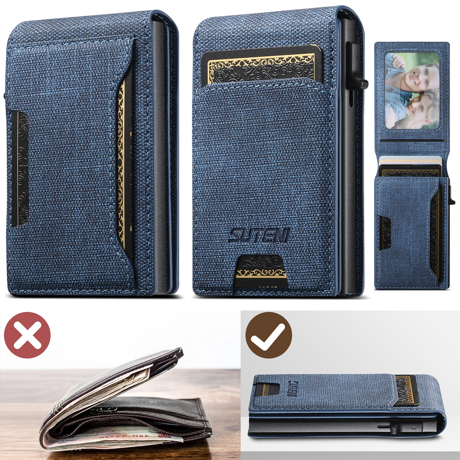 Push-out Card PU leather Card Holder Wallet Holder Large Capacity Can Hold 1-12 Cards 1 Photo Black/Brown/Blue