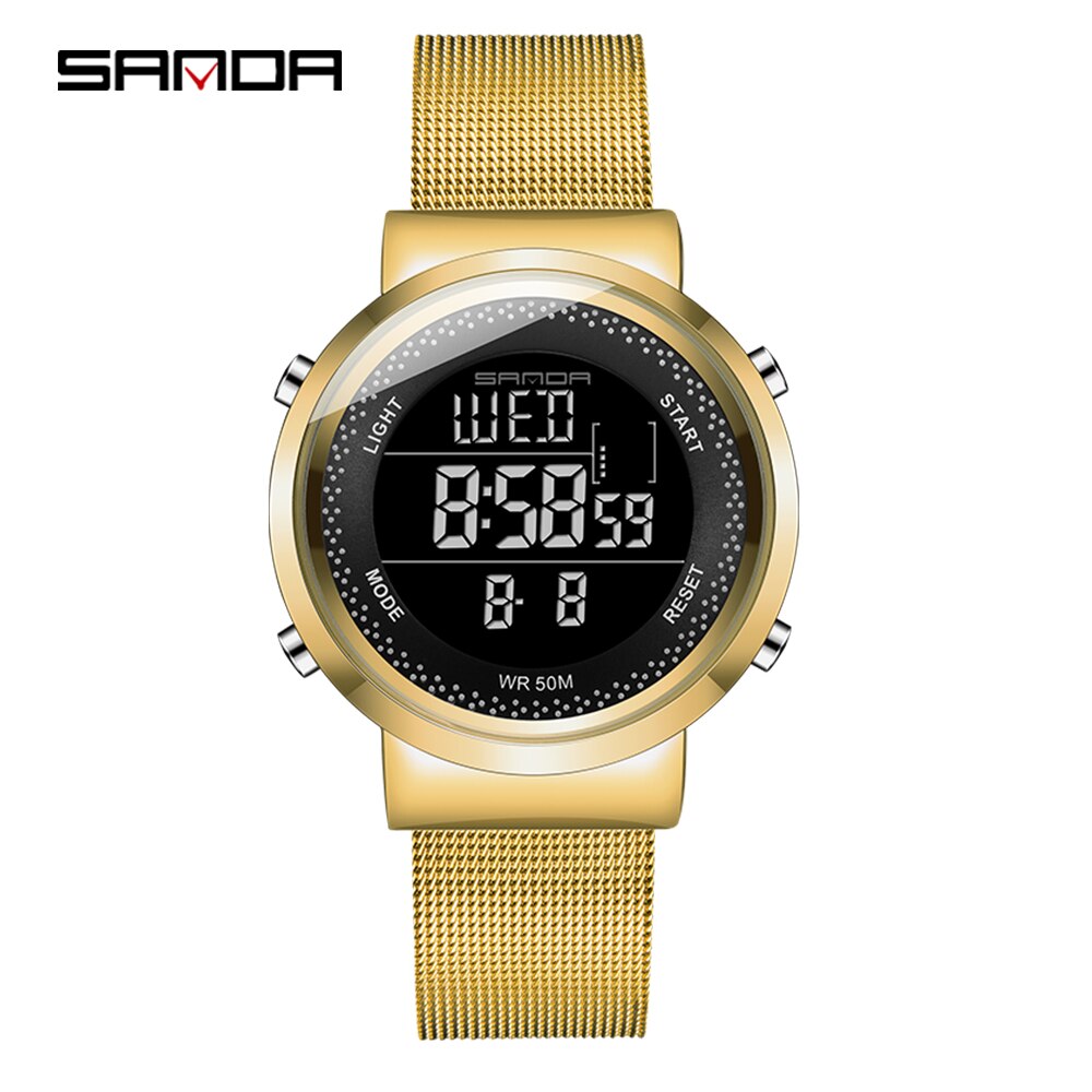 Sanda koppelhorloge led digitaal dames herenhorloge roestvrij staal mesh riem waterdichte liefhebbers horloges relogio masculino: Ms goud