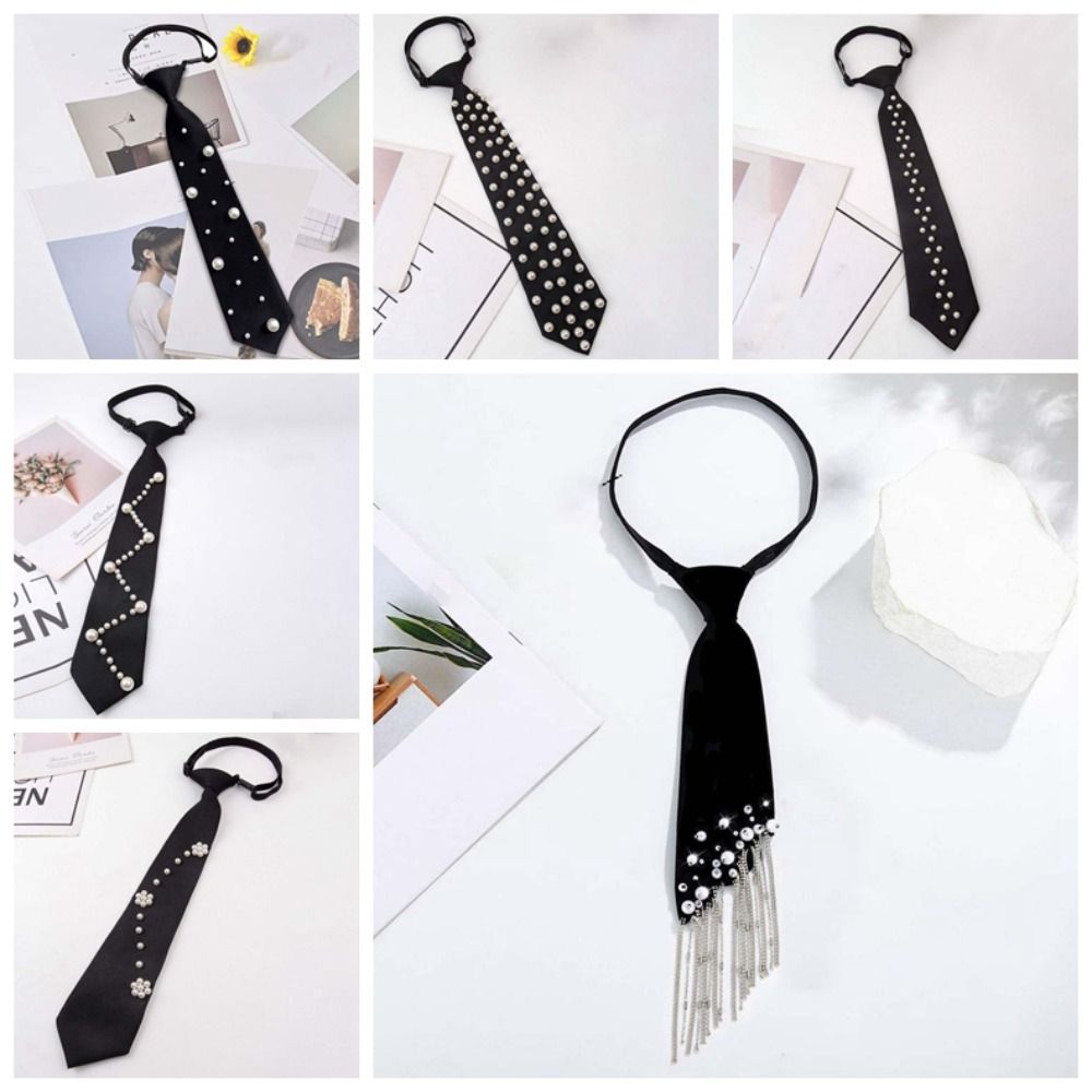 Clothing Decoration Korean Style Pearls Tie Tassels Black Hand-beaded Long Necktie Choker Geometric Decoration Shirt Tie Women