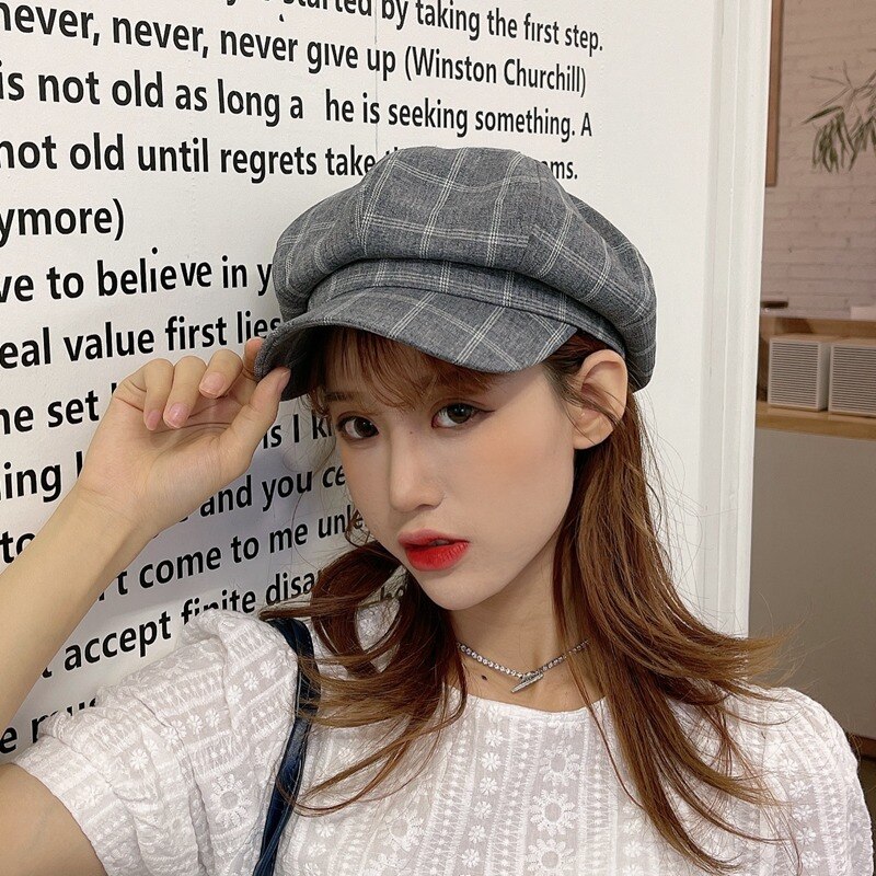 Foux Krantenverkoper Caps Vrouwen Zomer Herfst Lente Plaid Dunne Verstelbare Touw Achthoekige Baker Jongen Schilder Hoed Mode Korea: Donkergrijs