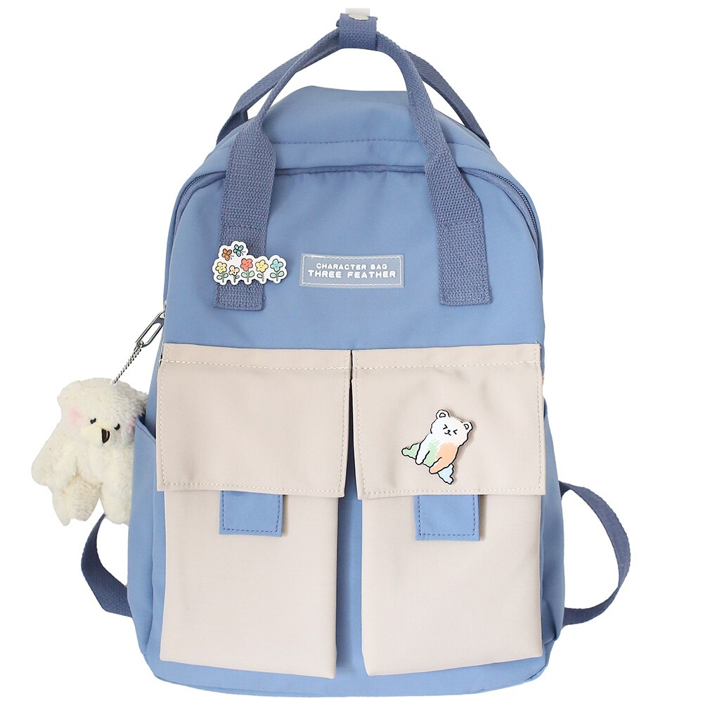 Mädchen Hochschule Schüler Nette Rucksack Harajuku Buch Schule Tasche Abzeichen Dame Kawaii Rucksack Wasserdicht Nylon Frauen Tasche Weibliche: Blau / mit Bär Anhänger