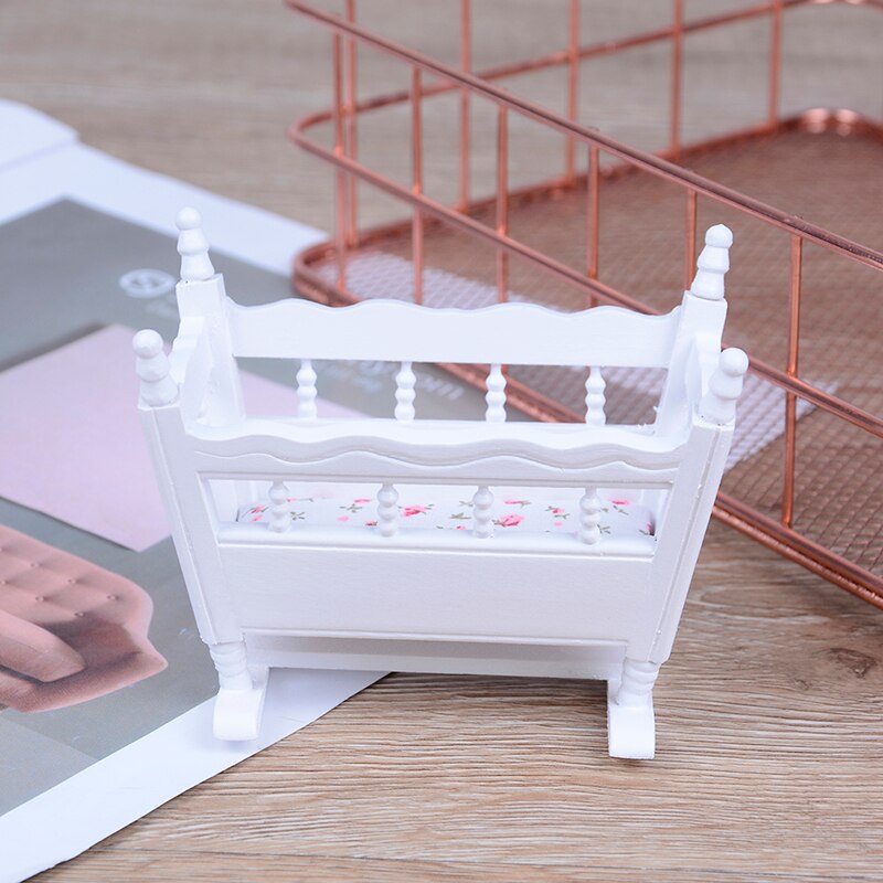 Mini White Wooden Furniture Crib For Baby Cradle Children Room Doll House 1:12 Miniature