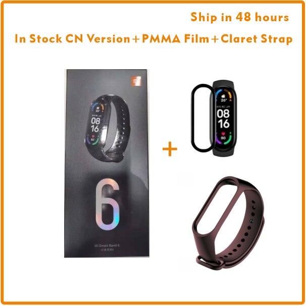 In Voorraad Originele Xiaomi Band 6 Mi Band 6 Bloed Zuurstof 1.56 Amoled Fitness Tracker Hartslagmeter Smart Polsband Band: Add Claret Strap